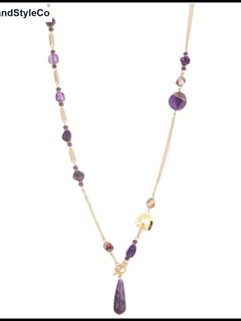 Long Gold Plated Natural Stone Beaded Y Necklace Teardrop Pendant Toggle Clasp